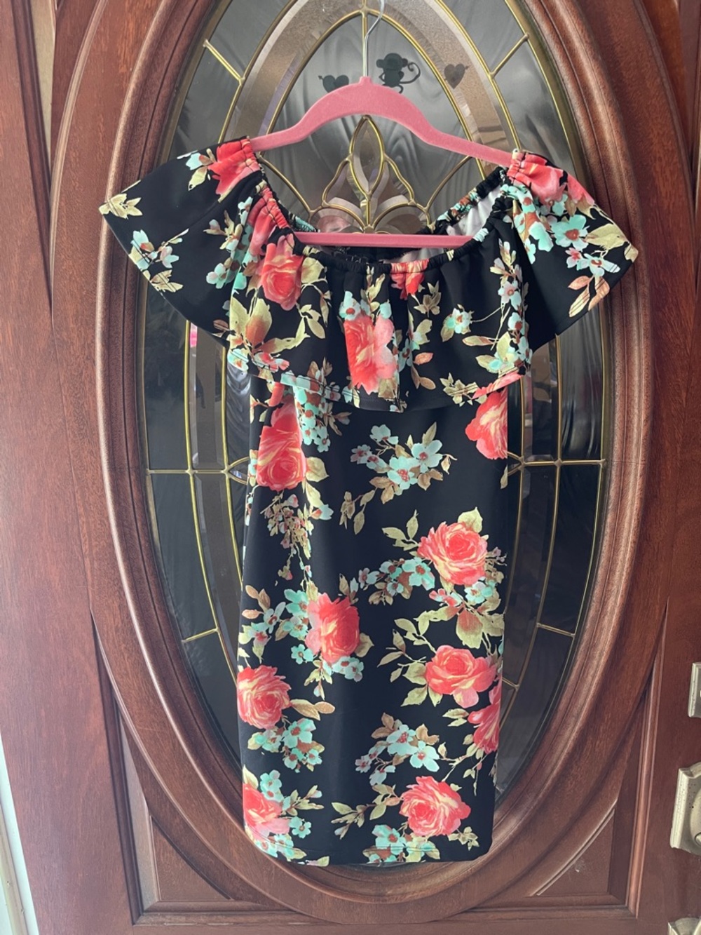 Crystal Sky Off-Shoulder Black Floral Dress with Coral Roses